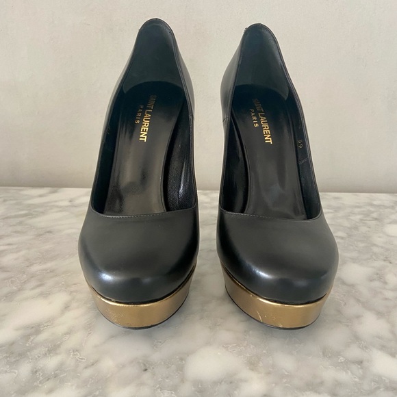 SAINT LAURENT PARIS • Black platform heel with bronze/gold heel accent size 39 - Picture 3 of 10